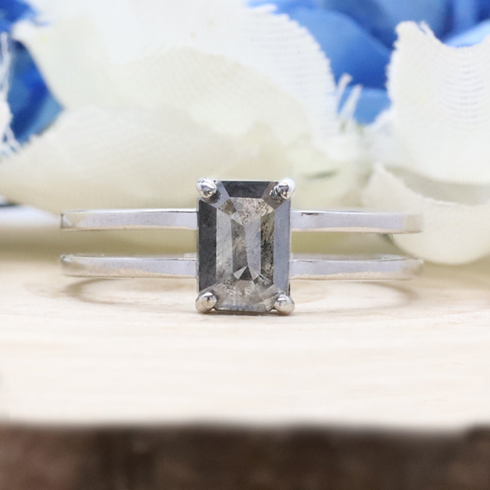 14K & 18K, Salt & Pepper Diamond, Gold Ring, Emerald Natural Diamond Engagement Wedding Objr-71