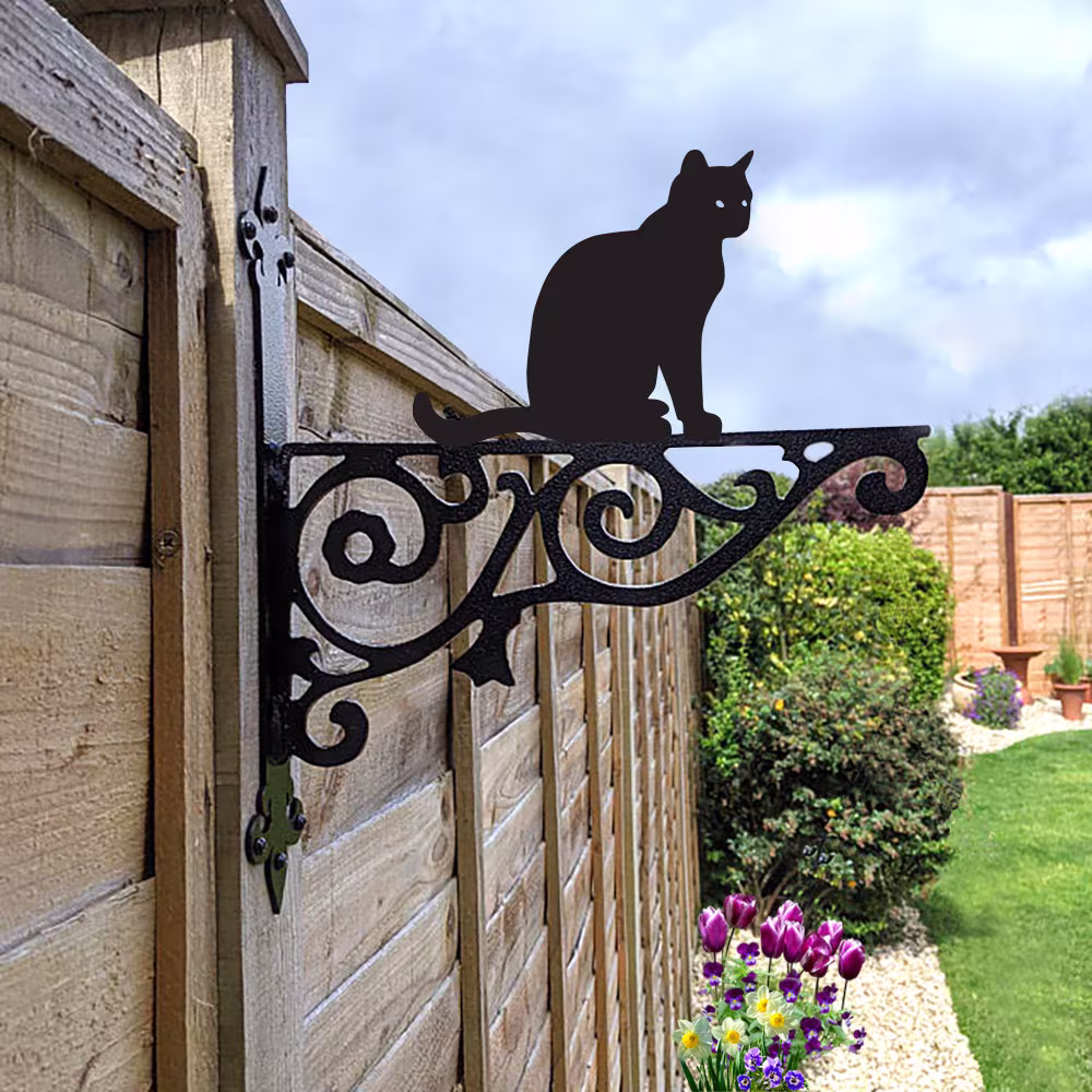 Cat Sitting Ornamental Hanging Bracket - Contemporary Basket Wall Mounted Decorative Garden Black