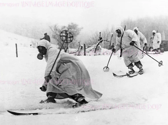 An Unusual 1940's Winter Scene Of A Battalion Military Skiers in Gas Masks Christmas Season Solstice Holiday 5x7 Greeting Card