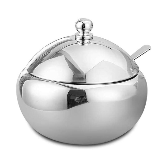 Sugar Bowl - 304 Stainless Steel Spice Jar - Metal Condiment Box - Container with Lid and Spoon - for Salt, Sugar, Coffee, Tea, Herbs (m)