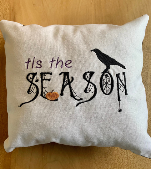 It's The Season Halloween Handcrafted Embroidered Pillow/Spiderwebs Decor Crow