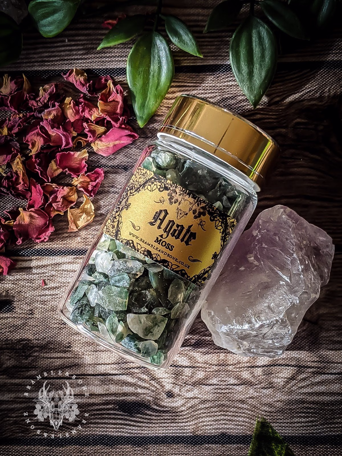 Moss Agate Crystal Chip Jars | Abundance-Plant Magic-Harvest-Growth-Luck For Traditional Witches, Pagans For Witchcraft, Magic & Spellwork