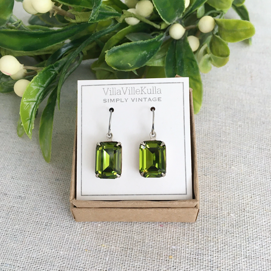 Large 14mm Green Olivine Crystal Emerald Cut Vintage Inspired Drop Earrings - Octagon Square Rectangle Made with Genuine Swarovski Stones