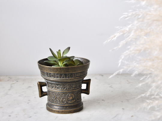 Vintage Cast Bronze Apothecary Etched Mortar Richard St Artyn Succulent Planter 1920S