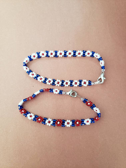 Seed Beaded Bracelet. Daisy Chain Bracelets. Pair Of Red, White, & Blue Daisy Seed Bead Adult Child Sizes