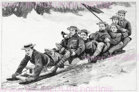Antique Edwardian Illustration A Group Of Young Men On Sledge/ Sled Christmas Season Winter Solstice Holiday 5x7 Greeting Card