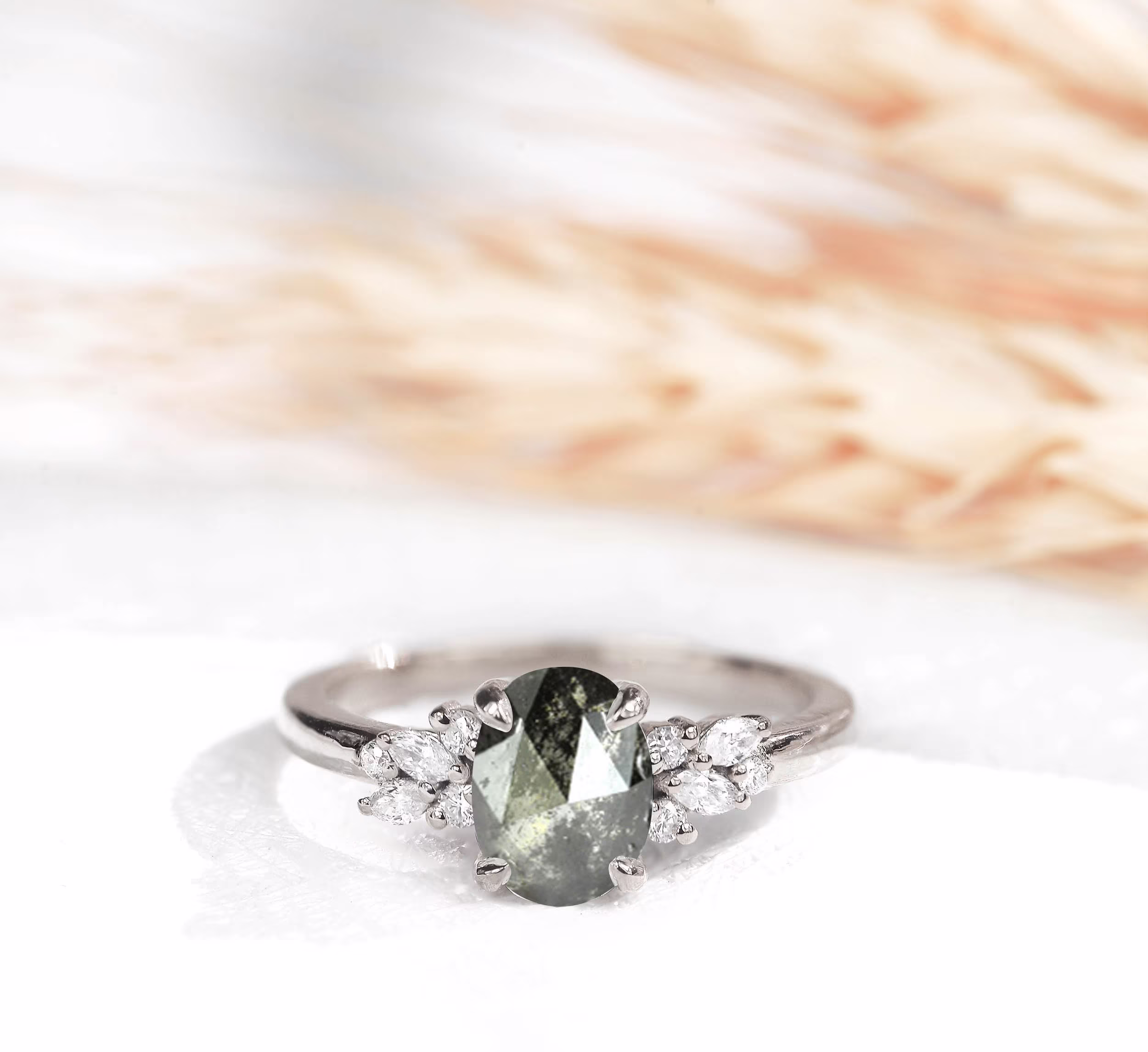 Salt & Pepper Diamond Engagement Ring | Oval Galaxy Vintage in White Gold Natural Art Deco For Her