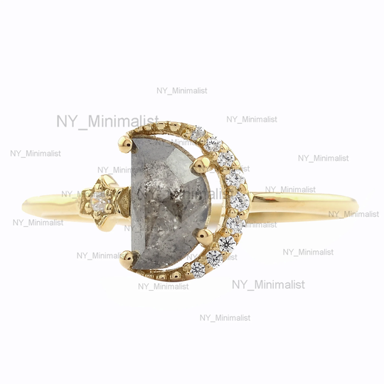 Yellow Gold Ring, D-Shaped Rough Salt & Pepper Diamond Crescent Moon & Star Princess Jewelry Gift For Her