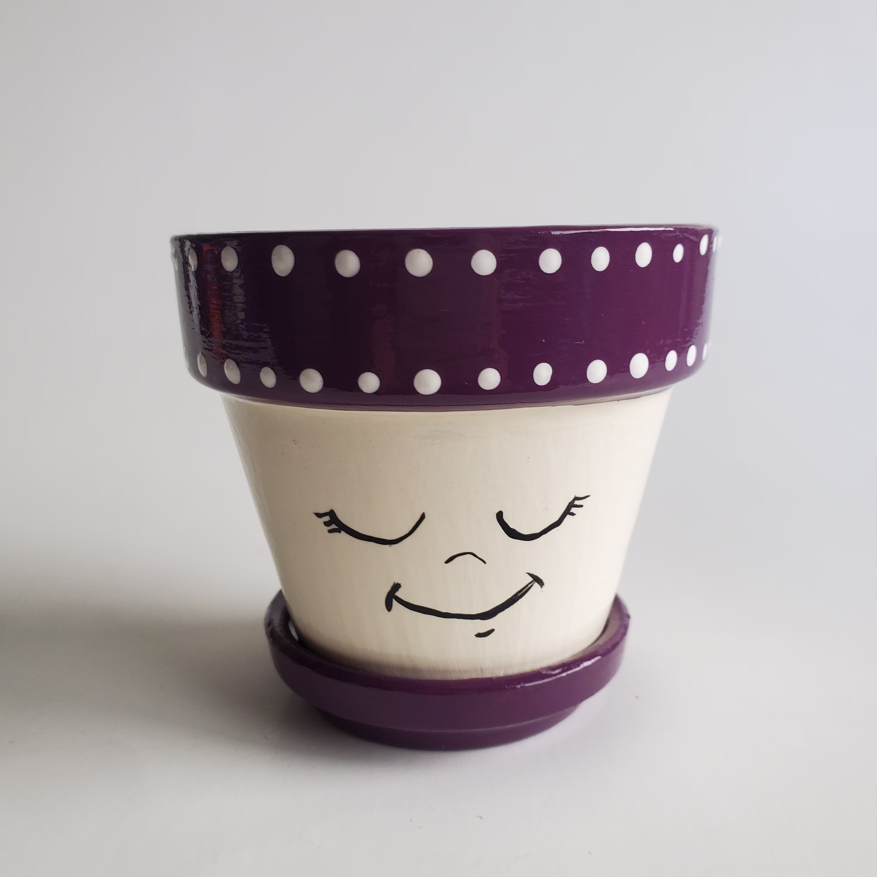 Small Purple & Cream Happy Face Flower Pot Planter Hand Painted 2.75