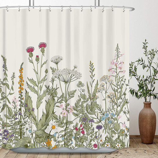 Wildflower Botanical Shower Curtain for Bathroom Decor 70.8Wx70.8H Inch Floral Flower Plant Herbs Sage Green Leaves Decorative Bath Set Bathroom