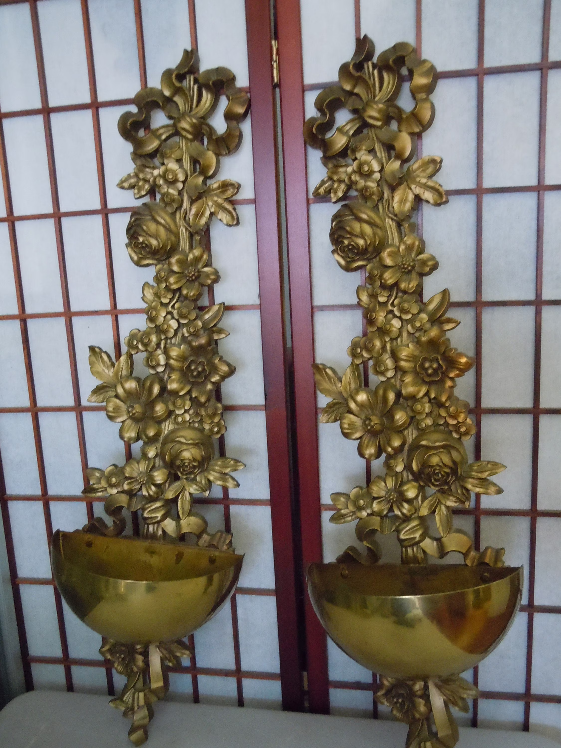Pair Of Mid-Century Modern Syroco Carved Gilt Wood & Brass Wall Planters