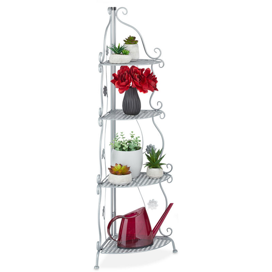 Relaxdays Metal Plant Stand, 4 Tiers, Decorative Rack, Indoor & Outdoor, HxWxD: 113.5 x 31 x 31 cm, Corner Shelf, Silver