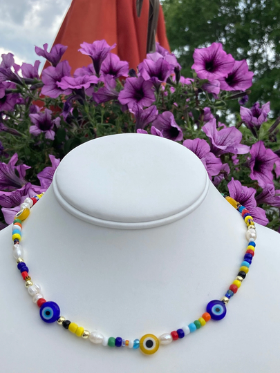 Y2K Necklace/Evil Eye Seed Bead Freshwater Pearls Gold Beaded Gift For Her Aesthetic Necklace