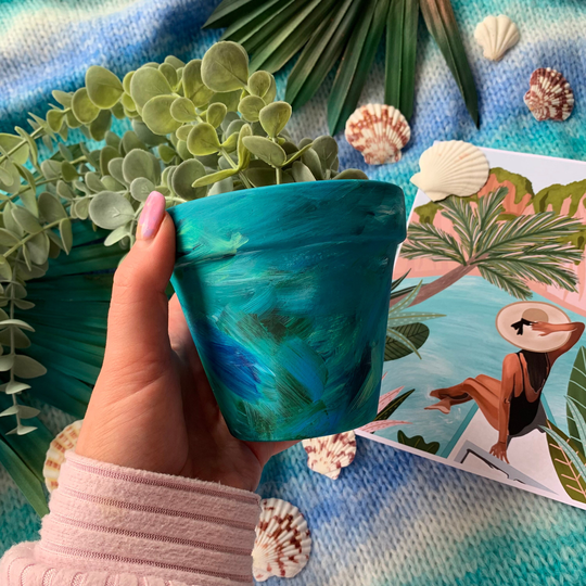 Hand Painted Mykonos Ocean Blue Brush Stoke Quirky Plant Pot