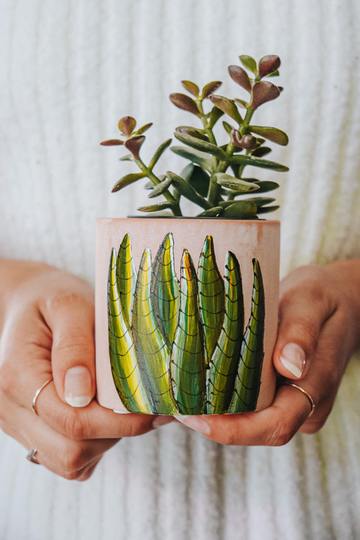Flowerpot in Terracotta Handpainted By Pero, Design Of A Green Plant. Great Gift Idea For Plant Lover