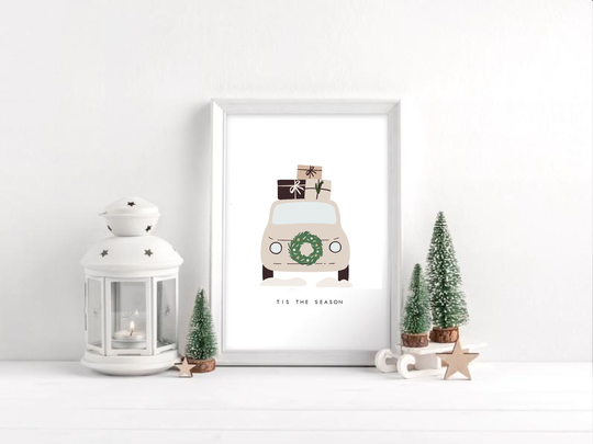 Tis The Season Driving Home For Christmas Vintage Car/Festive Shelfie Decorative Print