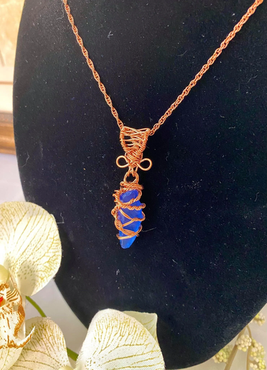 Sea Glass, Glass Necklace, Wire Wrapped Pendant Crystal Copper Pendant, Small Gemstone, Blue