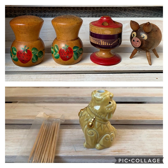 Lot Of Vintage Toothpick Holders, Foo Dog, Strawberries, Piggy, Wood Salt & Pepper Shakers