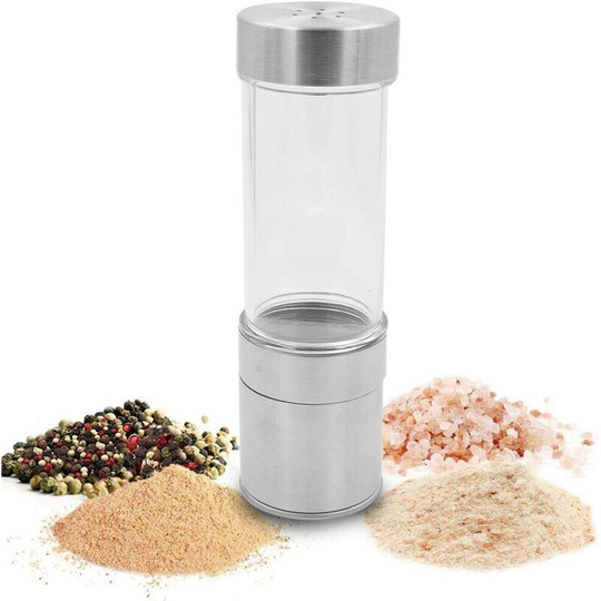 Pepper Mill Manual Salt Mill, 2 in 1 Spice Mills - Brushed Stainless Steel and Glass Body, Adjustable Grain Size