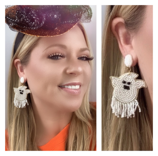 Seed Bead Halloween Ghost Earrings-Felt Earrings - Earrings-Fall Earrings-Holiday Earrings