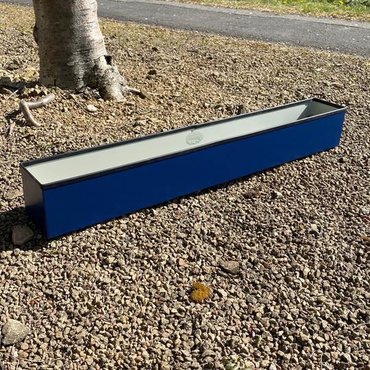 Long Sargasso Blue Window Box Style Handmade Metal Planter, With Rubber Trim On Top Edge 945mm L