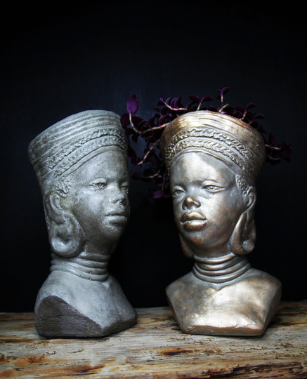 African Woman Face Shaped Flower Pot Head Pot Female Head Planter Concrete Art