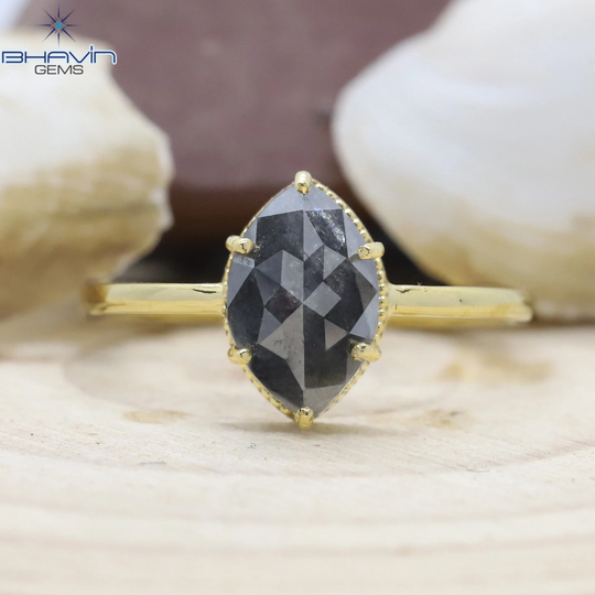 14K & 18K, Gold Ring, Marquise Diamond, Salt & Pepper Natural Diamond Engagement Wedding Bjr-93