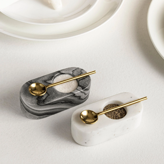 Marble Salt & Pepper Bowls | With Brass Spoons | Cellar Marble Pots Kitchenware