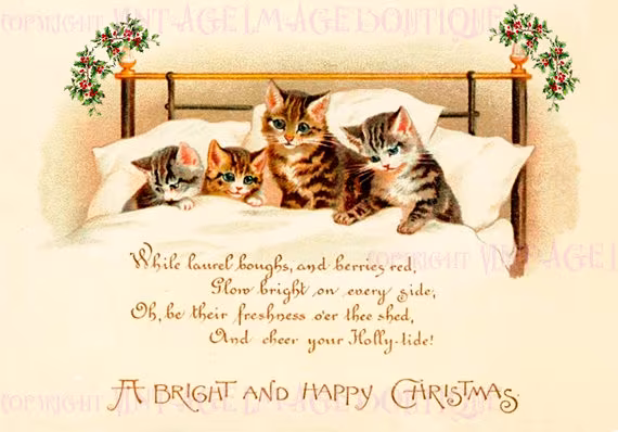 Antique Edwardian Illustration Of Four Adorable Tabby Kittens Tucked in Bed Christmas Season Winter Solstice Holiday 5x7 Greeting Card