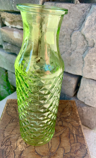 Vintage Green Glass Vase, Bud Diamond Cut Glass, Dps Enzo, Emerald Vase
