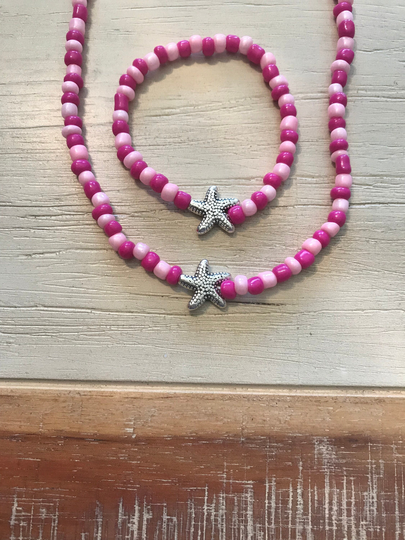 Silver Starfish Seed Bead Necklace & Bracelet Set