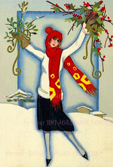 Antique 1920's Lovely Flapper With Mistletoe & Holly Branches Christmas Season Winter Solstice Holiday 5x7 Greeting Card