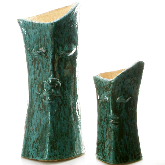 Set Of 2 Face Planters in A Modern & Contemporary Design Cool Teal Finish Hand Made Ceramic Plant Pots