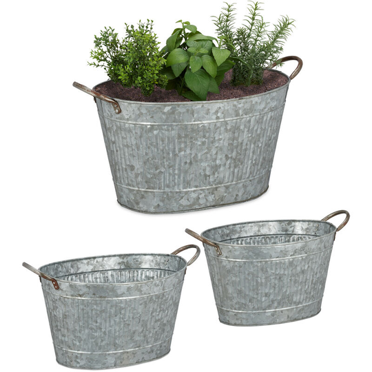 Metal Tub Set Of 3, Oval Planters In Zinc look, Waterproof, Garden,Vintage, 12, 18 & 22 l, Zinc Look - Relaxdays