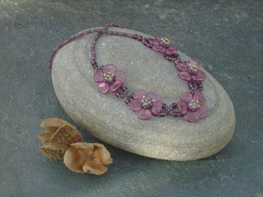 Hellebore Necklace, Czech Seed Bead & Glass Petal in Purple Pale Yellow Beads, UK Seller