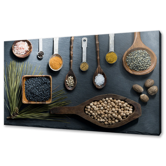 Various Spices, Salt & Herbs in Wooden Metal Spoons Kitchen Modern Design Decor Canvas Print Wall Art Picture