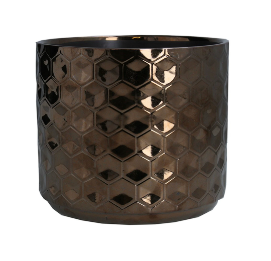 Copper Honeycomb Glazed Ceramic House Plant Pot Cover, Geometric Design, Indoor Succulent Planter - 3 Sizes Gold Bronze Pot
