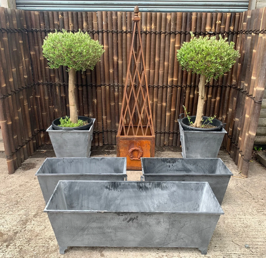 Classic Ornate Steel Planter On Legs With Side Handles in Lead Finish