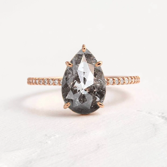 Pear Cut Salt & Pepper Diamond Minimal Engagement Ring | Art Deco 9K/14K/18K Dainty Grey Rose Gold For Her