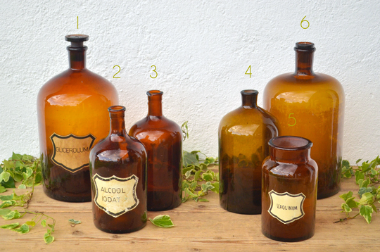 Vintage Apothecary Jars With Stoppers From Brown Amber Glass in Different Sizes