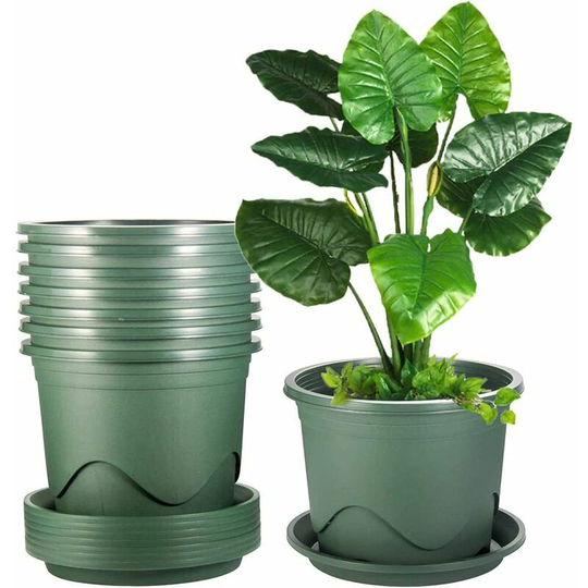 Deckon - Outdoor plant pots, 21cm plastic planters, flower pots with drainage hole and tray, set of 5, plants not included
