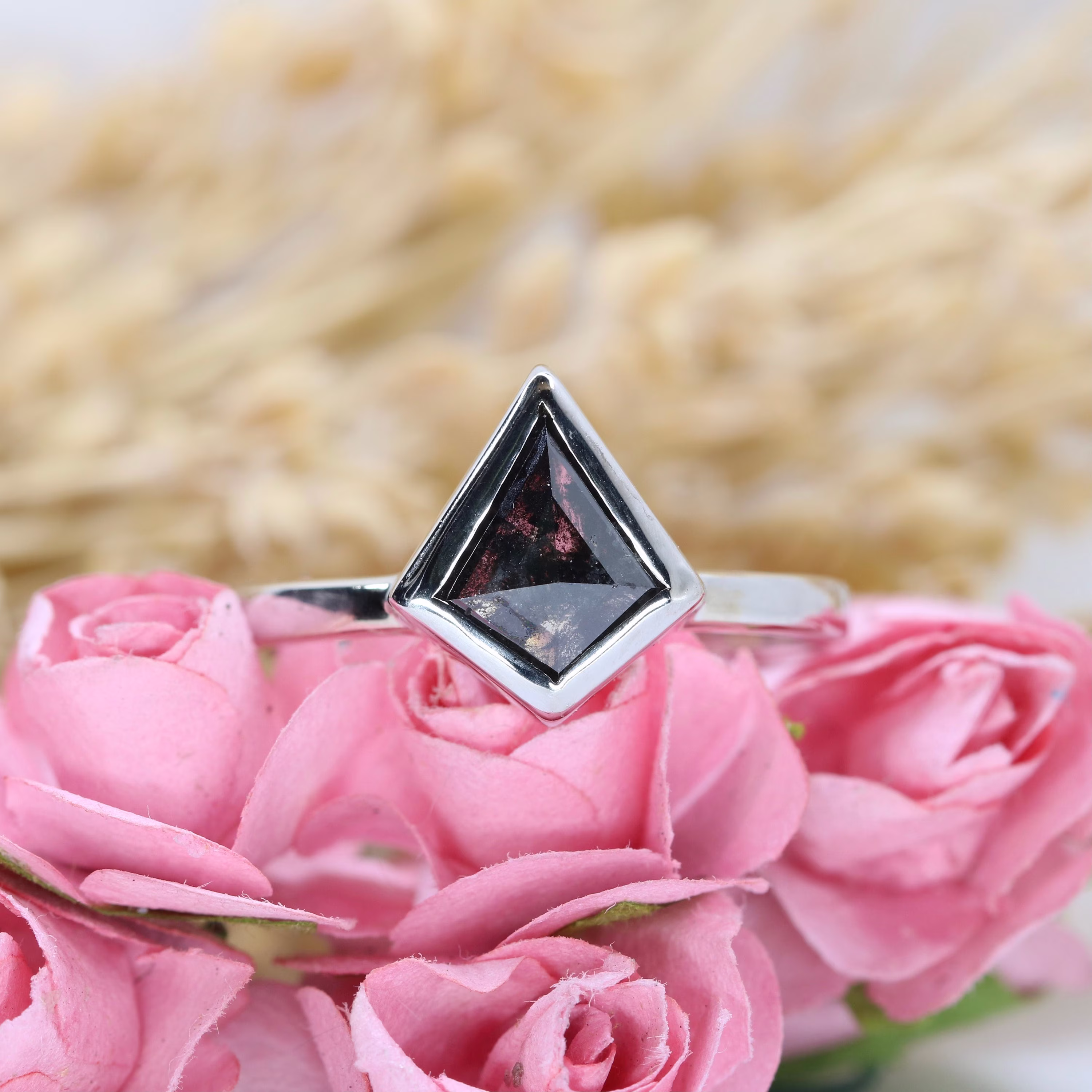 Bezel Set Kite Shape Salt & Pepper Diamond 14K White Gold Engagement Ring