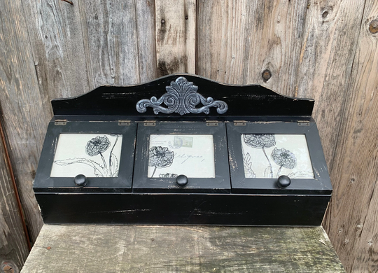 French Country Black Countertop Wood Organizer, Spice Herb Coffee Container, Wall Desk Shelf Db32