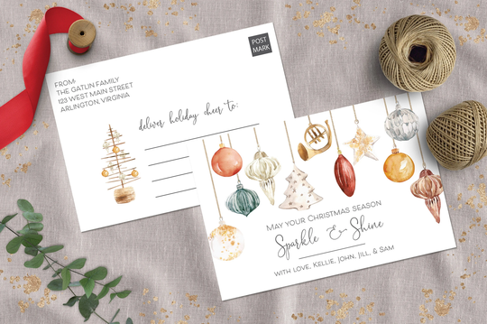 Printed May Your Christmas Season Sparkle & Shine Non-Photo Postcard, Festive Holiday Family Post Card, Gold Traditional Ornaments