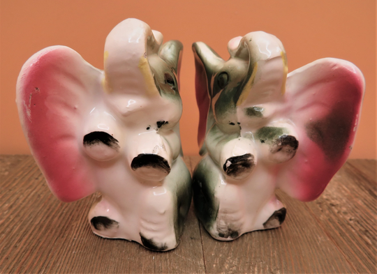 Ceramic Elephant Salt & Pepper Shaker Set Japan Trunks & Front Legs in The Air