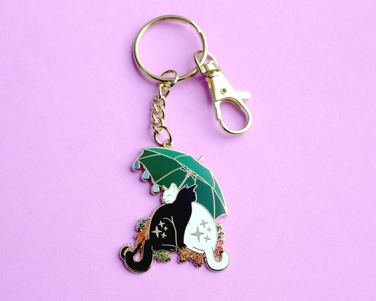 Umbrella Cats Key Chain Autumn Key Fall Cat Keychain Hugging Cats Seasonal Black White Cat