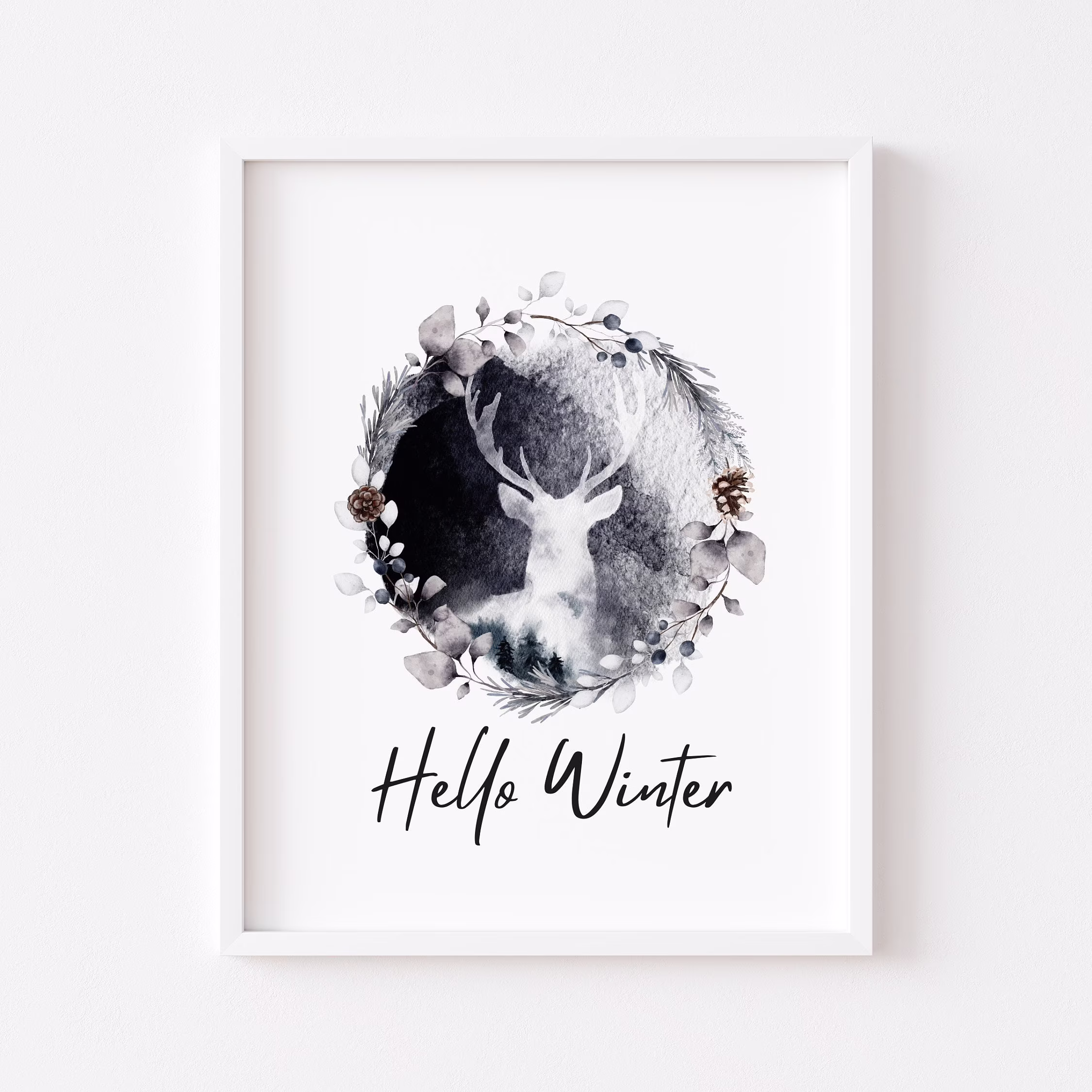 Hello Winter Watercolour Wreath & Stag Style Unframed Print|Christmas Prints|xmas Decor|Seasonal Decor|Seasonalchristmas Decor|Animal Art