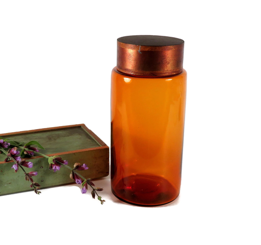 Antique Apothecary Bottle 19Th Century Amber Glass Old Tin Top Medicine For Display