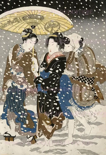 Antique 1920's Three Japanese Ladies Snow Scene Christmas Season Winter Solstice Holiday 5x7 Greeting Card