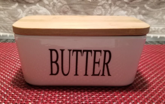 Porcelain White Butter Dish With Word "Butter